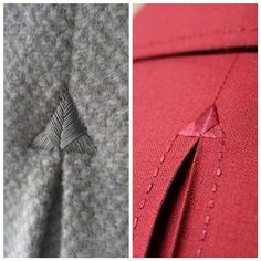 two pictures showing the details of a suit and tie, one in grey and red