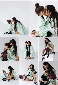 a collage of photos showing the same woman and child kissing each other with their arms around one another