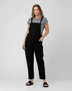 Poppy Jumpsuit Black  – Ripe Maternity US Casual Cotton Overalls With Tie Straps, Casual Cotton Jumpsuits And Rompers With Tie Straps, Casual Black Jumpsuits And Rompers With Adjustable Straps, Casual Overalls With Tie Straps And Bib Front, Striped Cotton Overall Jumpsuits And Rompers, Black Cotton Jumpsuits And Rompers With Adjustable Straps, Casual Striped Jumpsuits And Rompers For Loungewear, Casual Striped Jumpsuits And Rompers For Day Out, Striped Cotton Jumpsuit For Day Out