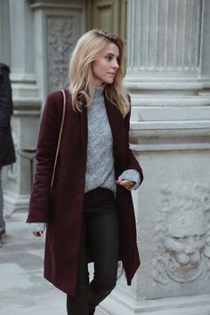 Burgundy Coat Outfit, Maroon Coat, Burgundy Coat, Diy Outfits, Daily Moments, Grey Cable Knit Sweater, Winter Knit Sweater, Aesthetic Light, Medium Blonde