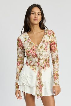 SIZE & FIT :  MODEL WEARS SIZE SMALL MODEL'S HEIGHT 5'9 Made In: USAFabric Contents: 93% NYLON, 7% SPANDEX LINING: 100% POLYESTER Ruffle Lace Top, Skin Dress, Lace Blouse Long Sleeve, Luxurious Fabric, Pink M, Denim Accessories, Feminine Design, Floral Print Blouses, Delicate Jewelry