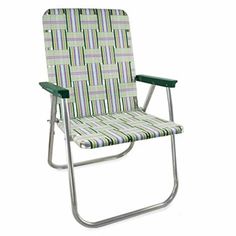 a green and white striped lawn chair on a white background with the seat folded back