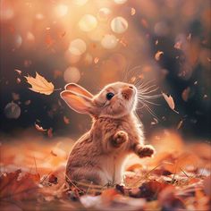 a little bunny sitting in the leaves with its paws up to it's face