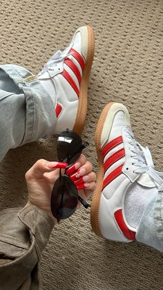 Red nails, red french nails, adidas samba, red samba, le specs sunglasses #adidasshoeswomen #adidassambas Red And White Sambas, Adidas Samba Red Outfit, Red Adidas Samba, Red Sambas, Nails Red French, Red French Nails, Le Specs Sunglasses