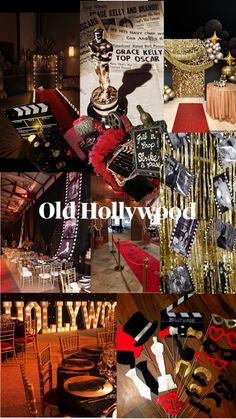 an old hollywood themed party with gold, red and black decorations