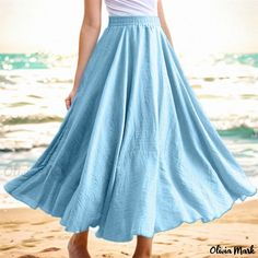 Olivia Mark - Solid Color Cotton Linen Midi Skirt - Casual Holiday Swing Maxi Skirt Beach Dress Cheap Maxi Skirts, Light Blue Skirts, Linen Midi Skirt, Long Skirt Casual, Skirt Beach, Skirt Casual, Summer Linen, Skirts Online, Linen Skirt