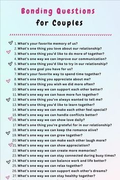 a question card with the words bonding questions for couples written in pink on it