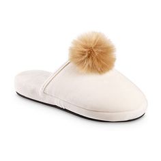 Elevate your at-home lounging looks with these Isotoner women�s slippers. Made from a satin-effect material with a cushioned memory foam sole, these flat slip-on shoes also come adorned with a faux fur pom pom. Wear them with pajamas and a robe.Features: Memory FoamClosure Type: Slip-OnBase Material: 95% Polyester, 5% SpandexUpper/Outer Base Material: 95% Polyester, 5% SpandexShoe Lining Material: FleeceSole Material Content: 100% Thermoplastic-RubberCare: Machine Wash, Dry FlatCountry of Origin: Imported Accessories Guide, Slippers White, Slippers Online, Faux Fur Pom Pom, Slipper Shoes, Fur Pom Pom, Outdoor Wear, Mens Slippers, Slide Slipper