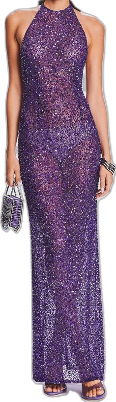 Glamorous Backless Evening Dress With Sheer Bodice, Glamorous Evening Dress With Sheer Back For Night Out, Glamorous Sheer Backless Dresses, Glamorous Backless Evening Dress With Sheer Back, Glamorous Sheer Back Evening Dress For Night Out, Glamorous Party Evening Dress With Sheer Back, Glamorous Sequin Dress With Back Opening For Evening, Luxury Backless Sequin Dress, Glamorous Purple Sequin Dress For Gala