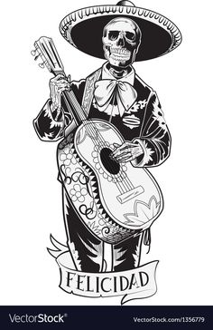 a mexican skeleton playing the guitar and wearing a sombrero with a banner in his hand