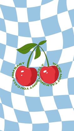 two cherries on a blue and white checkered background