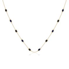 Add some edge to your style with this station necklace. It showcases oval and emerald-cut blue sapphires alternately bezel set at equal intervals on a fine-quality chain. This appealing necklace is crafted in 18k yellow gold. Blue Sapphire Pendant, Blue Sapphire Necklace, Station Necklace, Emerald Cut, Blue Sapphire, Emerald, 18k Gold, Sapphire, Yellow Gold