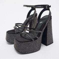 Statement Shoes Covered In Rhinestones Size 10 Just As Seen In Pictures Black Platform Sandals Glamorous Style, Zara Luxury Party Heels, Zara Luxury Heels For Party, Zara Black Party Heels, Zara Ankle Boots, Flat Platform Sandals, Woven Leather Sandals, Leopard Print Sandals, Rhinestone High Heels