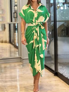 Green Short Sleeve Summer Dress, Spring Green Dresses With Tie Waist, Green Short Sleeve Dress For Vacation, Casual Green Dress With Tie Waist, Green Short Sleeve Dress For Day Out, Green Summer Dress With Tie Waist, Elegant Shirt Dress, Shirt Collar Pattern, Shirt Dress Summer