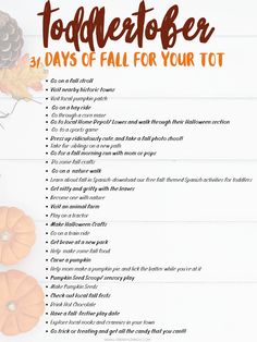 a list with pumpkins and other things to do for the fall season, on top of a white table