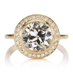 Bezel Set Halo Ring with 2.84ct Transitional Cut Diamond Victor Barbone Jewelry, Light Brown Color, Yellow Gold Setting, Halo Ring, Halo Rings, Diamond Sizes, Gold Set, Beautiful Lights, Cz Stone