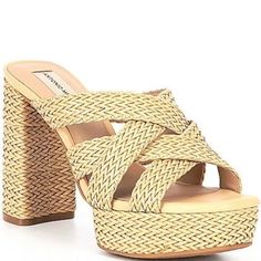 Beautiful Antonio Melani Raffia Braided Basket Weave Strap Sandals With Platform & Block Heel Brand New Without Box Size 9.5 Color Natural Criss Cross Braided Straps 1" Raffia Covered Platform 4.25" Raffia Covered Block Heel Beige Straw High Heels, Elegant Closed Toe Heels For Vacation, Chic Straw High Heel Sandals, Beige Closed Toe Heels With Woven Sole, Chic Straw Open Toe Heels, Chic Straw High Heels, Elegant Platform Heels For Vacation, Elegant Natural Platform Heels, Elegant Natural Color Platform Heels