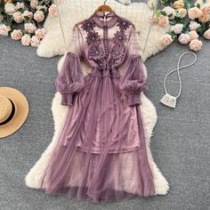 Vintage A line long sleeves lace dress women's dress P230 Fabric: blended Color: black,ivory,blue,lilac,pink,organge Size(cm): One Size Skirt Length 116 Sleeve Length 60 Bust 92-100 Waist 58-100Inner suspender skirt length [including shoulder straps] 90 chest 86-102 waist 84-100 Preppy Dresses, Dress Stand, Estilo Chic, Autumn Dress, Long Sleeve Lace Dress, Fairy Dress, Lace Flowers, French Lace, Lantern Sleeve