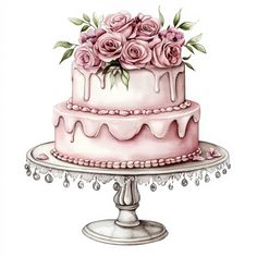 a drawing of a pink cake with roses on top