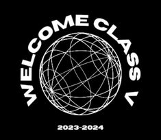 the welcome class logo on a black background with white lines in the shape of a globe