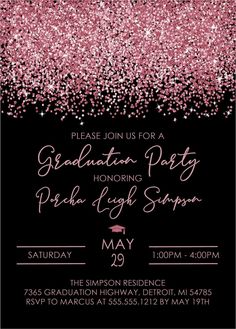 a pink and black graduation party with glitter on the edges, in front of a black background