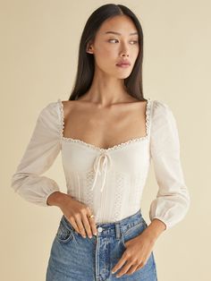 Cute top. The Isadora is fitted in the bodice with a looser fitting sleeve to give you a little extra room. It has elastic at the sleeve opening and lace trim. Bodice Top, Romantic Outfit, Extra Room, Feminine Outfit, Romantic Style, Looks Style, Looks Vintage, Outfits Casuales, White Top