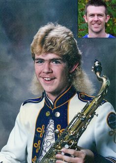 a man in uniform holding a saxophone and smiling at the camera with another photo behind him