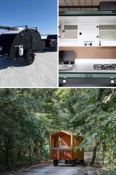 three different pictures show the interior and exterior of a mobile home, including an outdoor kitchen