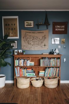 two baskets with books on them in front of a book shelf filled with books and magazines