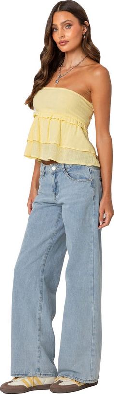 EDIKTED Smocked Ruffle Strapless Top | Nordstrom Cotton Tube Top With Smocked Bodice, Trendy Cropped Cotton Smocked Top, Casual Cropped Smocked Bodice Tube Top, Casual Cropped Tube Top With Smocked Bodice, Casual Cropped Smocked Tube Top, Cotton Tube Top With Ruffles, Spring Cotton Tube Top With Smocked Back, Chic Cotton Ruffle Tube Top, Casual Cotton Tube Top With Smocked Bodice