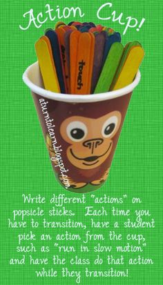 a cup filled with different colored pencils on top of a green background and the caption below it says action cup