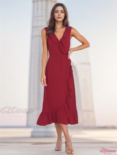 Qteee - Elegant Sleeveless Maxi Dress with Fashionable Ruffled Neckline and Tie Strap Red Ruffled Sleeveless Beach Dress, Red Sleeveless Beach Dress With Ruffles, Casual Sleeveless Midi Dress With Ruffle Hem, Casual Red Sleeveless Dress With Ruffles, Red Ruffled Sleeveless Dress For Spring, Red Sleeveless Midi Dress With Ruffles, Casual Red Sleeveless Midi Dress, Drawstring Dresses, Ruffled Neckline