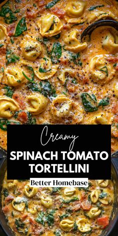 spinach tomato tortellini in a skillet with text overlay