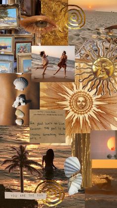 a collage of photos with the sun and ocean in it's center is shown