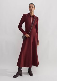 Women's Red Travel Tailoring Collar Midi Dress | ME+EM Classic Fall Dresses For Dinner, Classic Fall Dinner Dresses, Formal Elastane Dresses For Fall, Fall Workwear Dresses In Elastane, Structured Business Dresses For Fall, Fall Workwear Dress Made Of Elastane, Fall Elastane Dress For Work, Fitted Burgundy Dress For Work, Boucle Coat