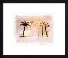 three palm trees on a pink and yellow background with watercolor paint in black frame