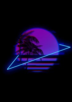 a palm tree in front of a purple and blue sunset with neon lights on it