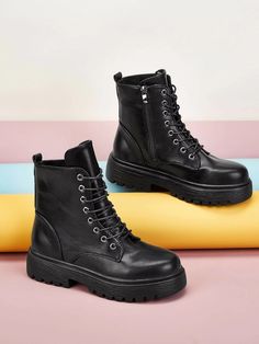 Lace-up Front Side Zip Combat Boots | SHEIN USA Dr Shoes, Thigh Boot, Trendy Fashion Women, Platform Boots