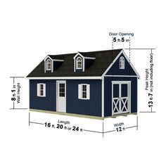 a blue and white shed with measurements for the roof, windows, and side doors