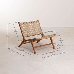 a wooden chair with measurements for the seat and back side, sitting on a white floor