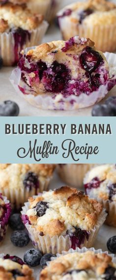 blueberry banana muffins with fresh blueberries in the background and text overlay