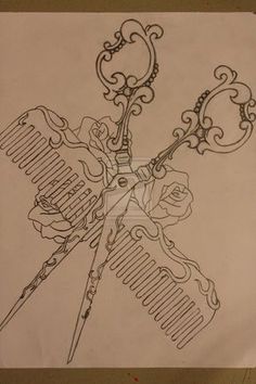 a drawing of scissors and combs with roses on them, sitting on top of a piece of paper