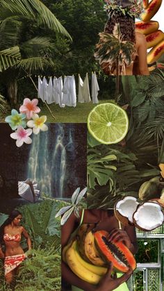 a collage of photos with fruit, flowers and trees in the background is an image of a woman surrounded by greenery