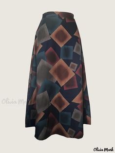 Olivia Mark - Plus Size elegant Skirt, Women's Plus Distressed Geometric Print High Rise Swing A-line Maxi Skirt Multicolor Flared Maxi Skirt For Fall, Multicolor Asymmetrical Lined Skirt, Multicolor Lined Maxi Skirt For Fall, Fall Multicolor Lined Maxi Skirt, Multicolor Midi Skirt For Workwear, Fall Multicolor Relaxed Maxi Skirt, Relaxed Multicolor Maxi Skirt For Fall, Multicolor Maxi Skirt For Fall With Relaxed Fit, Multicolor A-line Bottoms With Lined Skirt