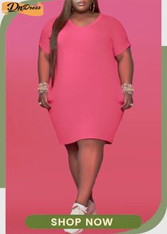 Pink Fashion Casual Plus Size Solid Basic V Neck Short Sleeve Dress Short Sleeve Dress, Pink Fashion, The Pink, Fashion Games, Fashion Casual, Sleeve Dress, Casual Fashion, Short Sleeve Dresses, Dresses With Sleeves