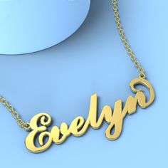 Evelyn name necklace Gold Custom Necklace, Personalized Gifts For Her 
								Add something extra special to your jewelry box with Name Necklace Official engravable necklaces.
								The Evelyn's 14k gold name necklace is best gifts for Evelyn. Name Necklace Official provides affordable engravable jewelry that won't 
								break the bank. In addition, these pieces make for very thoughtful and appreciated gifts for friends and family. 
								And whether valentine's day gifts, mother's day g Gold Hallmark Nameplate Necklace, Gold Nameplate Necklace With Hallmark, Gold Hallmarked Nameplate Necklace, Classic Gold Name Necklace With Hallmark, Classic Gold Hallmark Name Necklace, Classic Yellow Gold Name Necklace For Birthday Gift, Classic Gold Hallmarked Name Necklace, Valentine's Day Nameplate Necklace With Hallmark, Valentine's Day Hallmark Nameplate Necklace