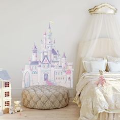 a child's bedroom with a princess castle wall decal