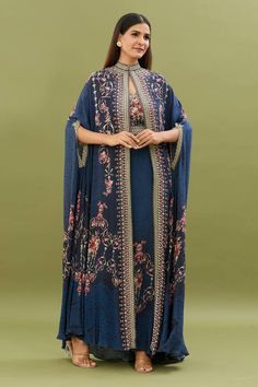 Blue cape attached kaftan with all over floral jaal print highlighted by rhinestones and beadwork embellishments. Comes with embellished belt. - Aza Fashions Kaftan For Women, Blue Cape, Embellished Belt, Indian Designer Outfits, Fashion App, Wedding Wear, Aza Fashion, Bead Work, Cape