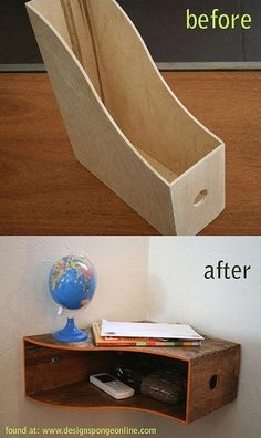 the before and after photos show how to make a book shelf from an old drawer