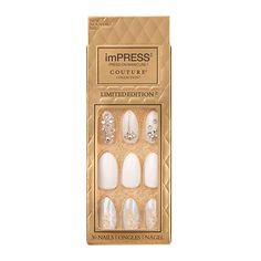 Winter nail inspired almond shaped press on nails in a classic ivory white with snowflakes and sparkly gemstone nails ~ Classic Christmas & New Years Eve Nail Ideas at Amazon ~ Affiliate Ad Impress Press On Nails, Kiss Press On Nails, Nails Oval, Evil Eye Nails, Impress Nails, Golden Nails, Chrome Nail Powder, Gold Nail Designs, Nail Polish Kits